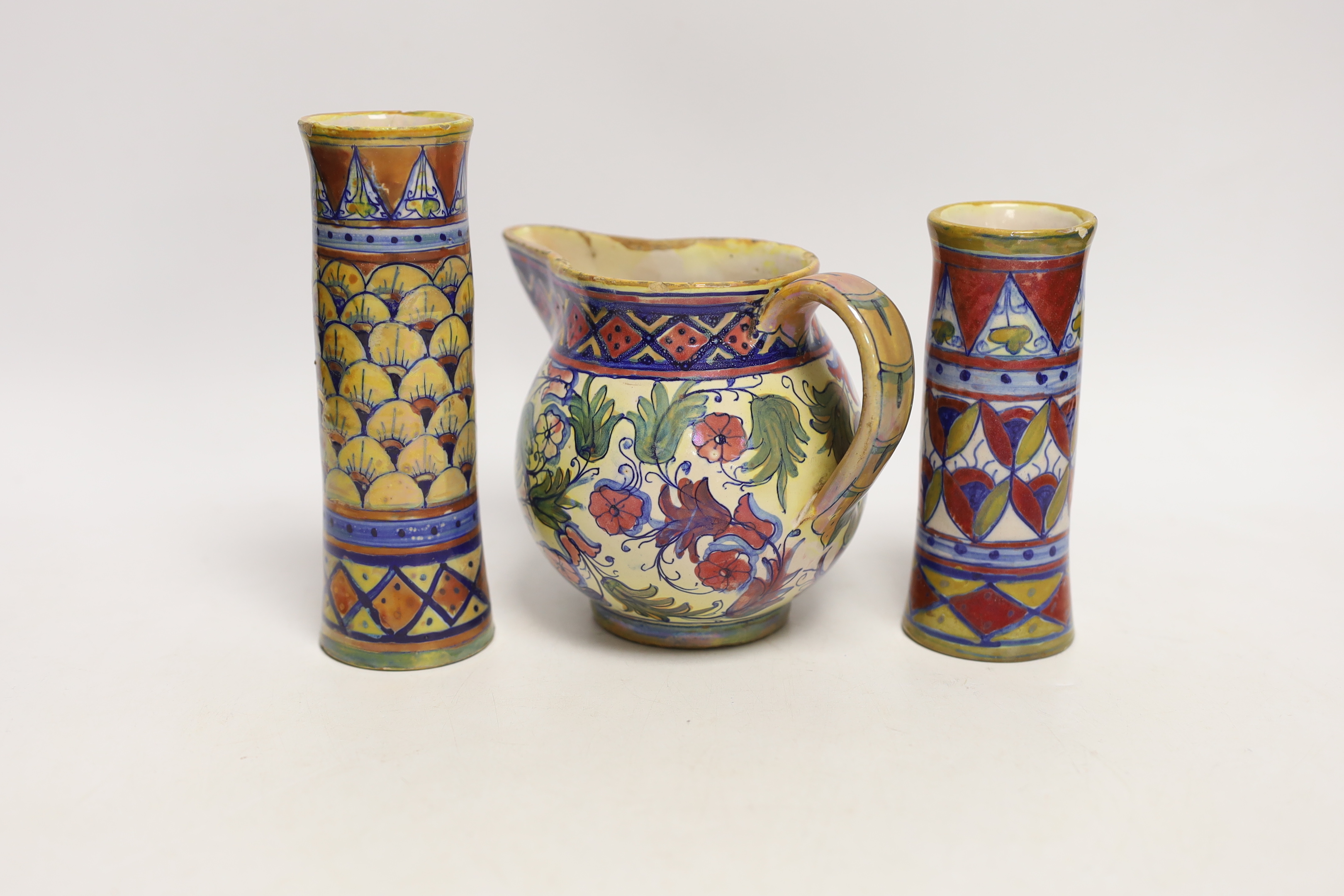Three pieces of Alfredo Santarelli lustre maiolica, tallest 16cm